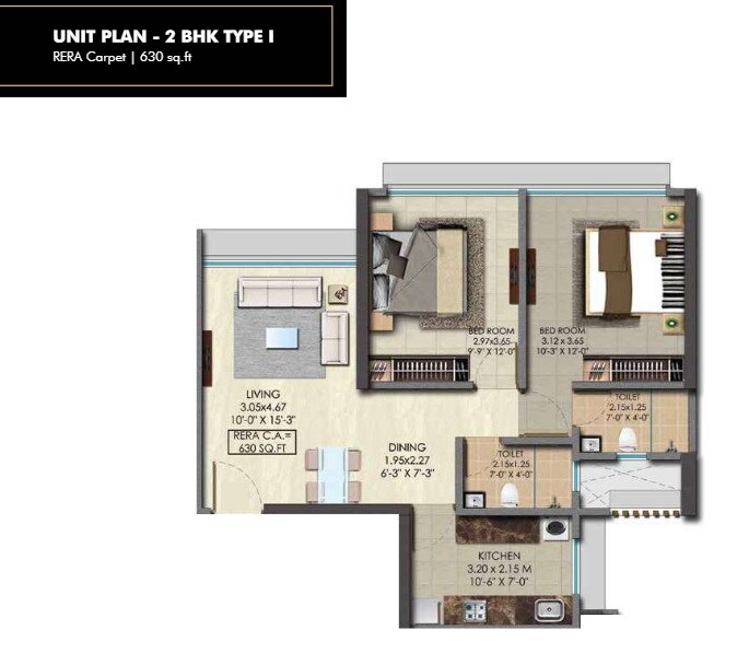Floor plan of 2 BHK Apartment - 630 sq. ft. in Srishti Pride, Mumbai
