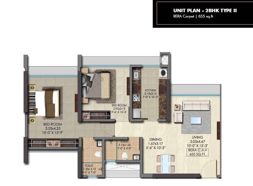 Floor plan of 2 BHK Apartment - 655 sq. ft. in Srishti Pride, Mumbai
