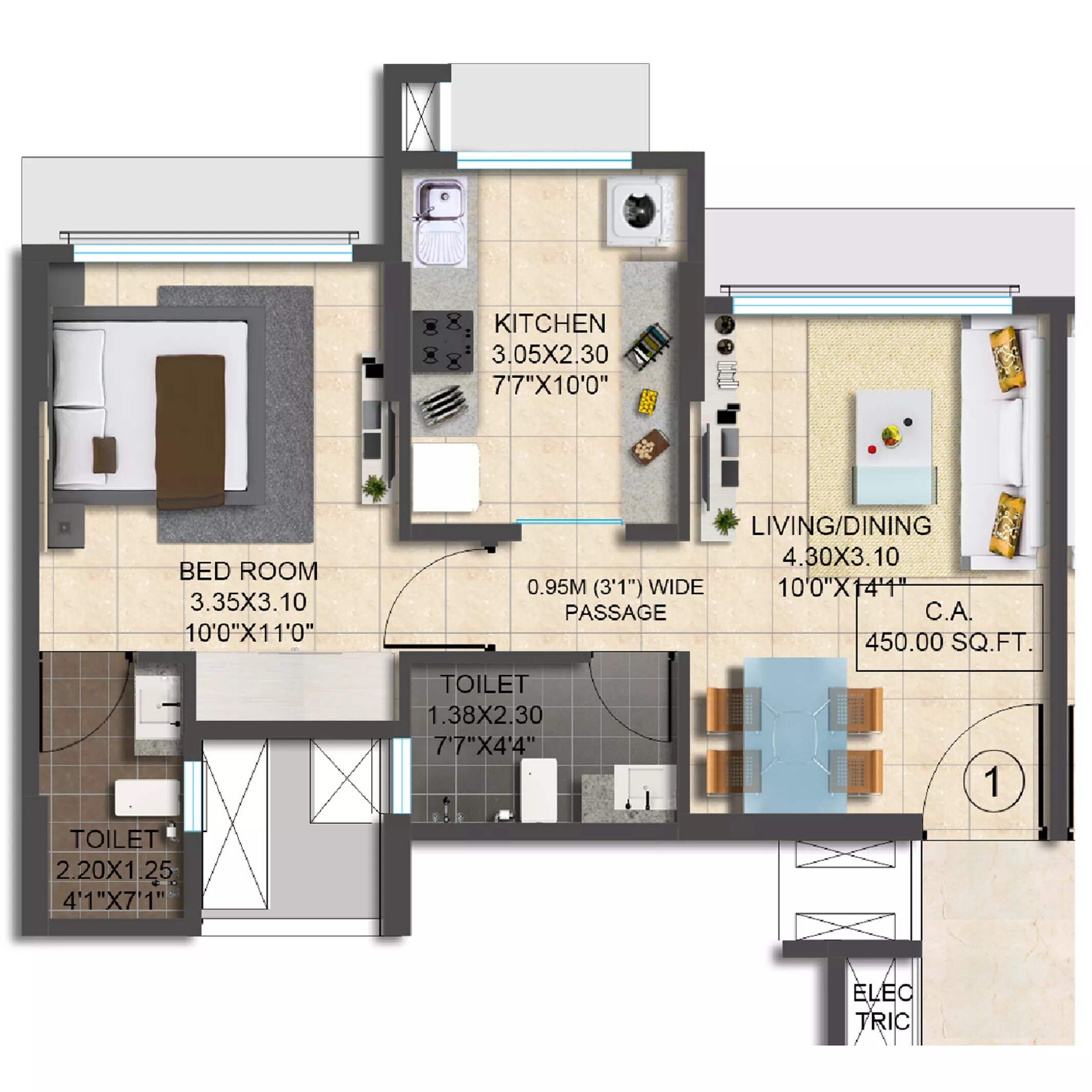 Floor plan of 2 BHK 620 Sq. Ft. Apartment in Srishti Samarth, Mumbai