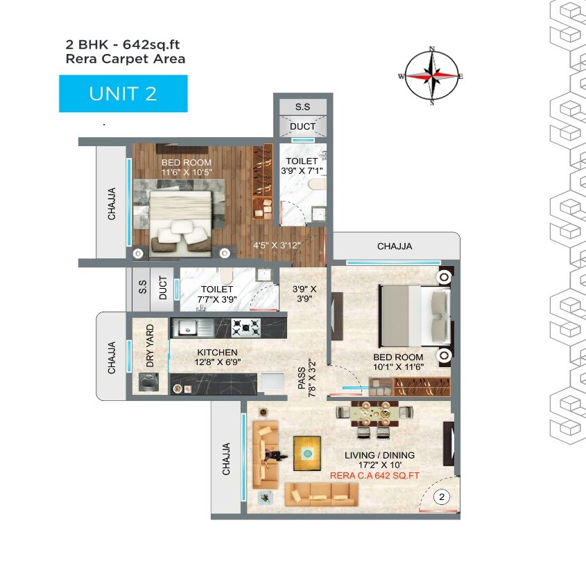 Floor plan of 2 BHK 634 Sq. Ft. Apartment in SS Meghalok Heights, Mumbai