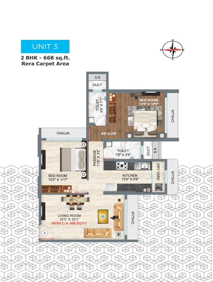 Floor plan of 2 BHK 668 Sq. Ft. Apartment in SS Meghalok Heights, Mumbai