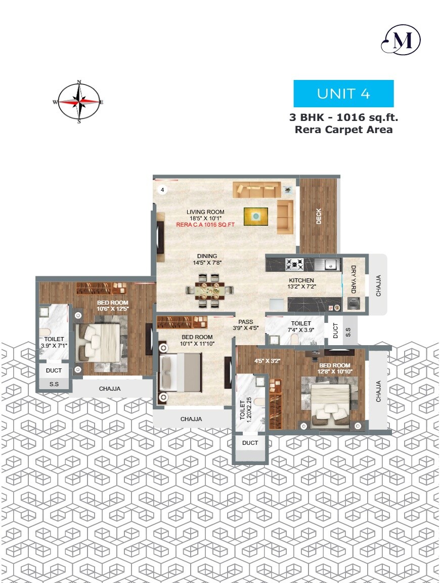 Floor plan of 3 BHK 1016 Sq. Ft. Apartment in SS Meghalok Heights, Mumbai
