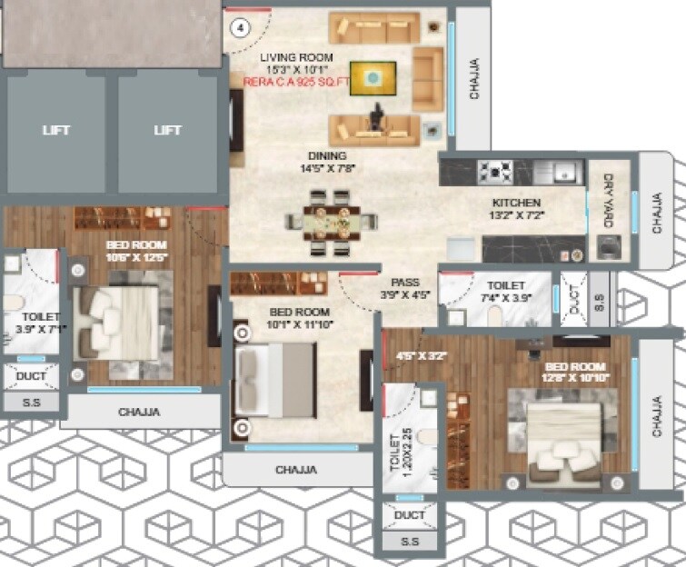 Floor plan of 3 BHK 925 Sq. Ft. Apartment in SS Meghalok Heights, Mumbai