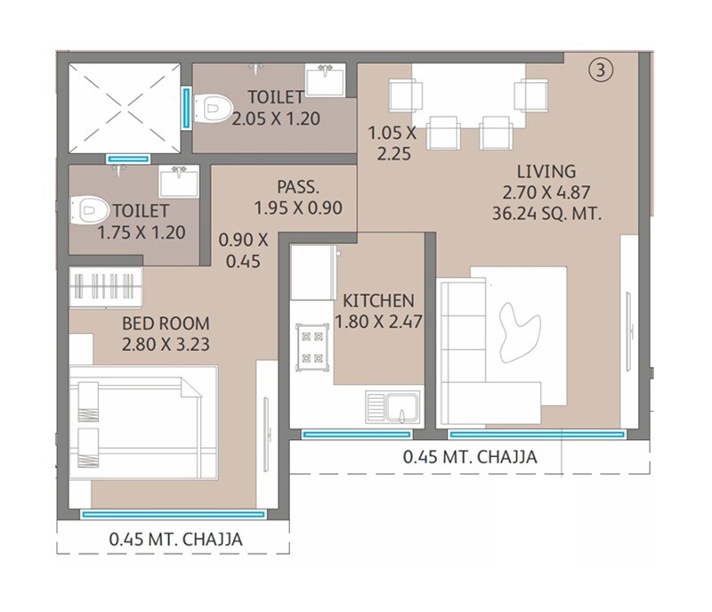 Floor plan of 1 BHK 410 Sq. Ft. Apartment in SS Park Crown, Mumbai