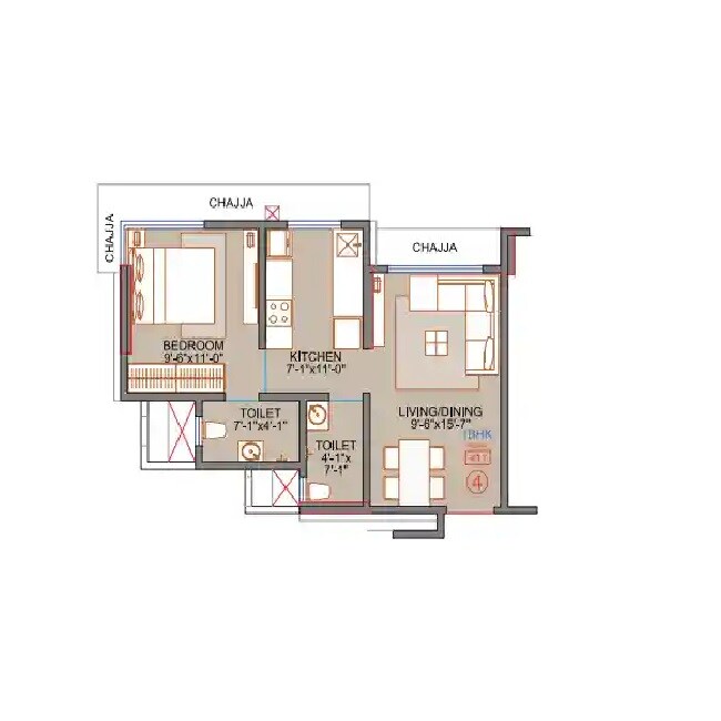 Floor plan of 1 BHK 411 Sq. Ft. Apartment in SS Sunder Baug CHS, Mumbai