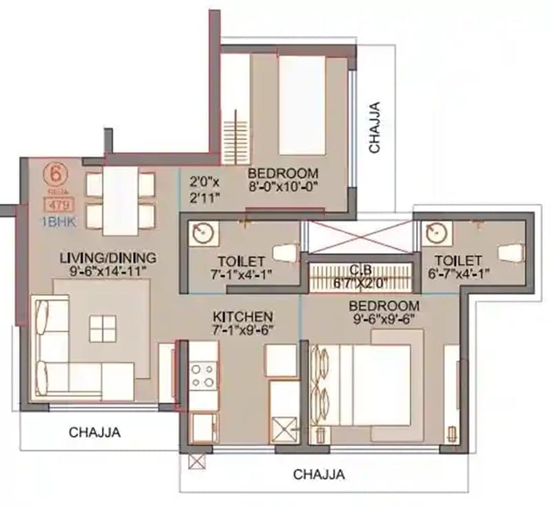 Floor plan of 1 BHK 479 Sq. Ft. Apartment in SS Sunder Baug CHS, Mumbai