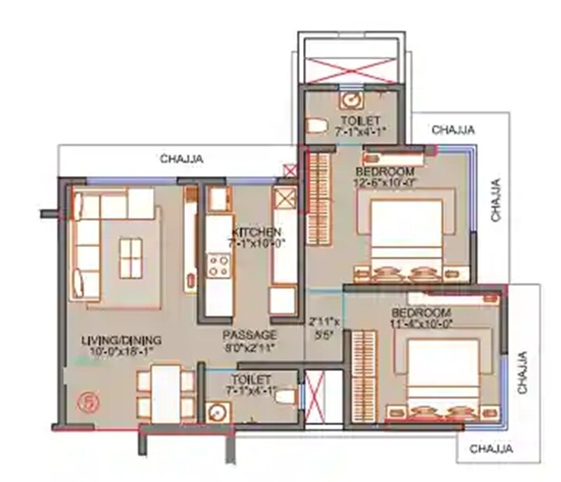 Floor plan of 2 BHK 622 Sq. Ft. Apartment in SS Sunder Baug CHS, Mumbai