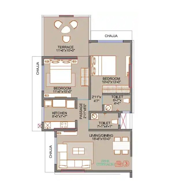 Floor plan of 2 BHK 746 Sq. Ft. Apartment in SS Sunder Baug CHS, Mumbai