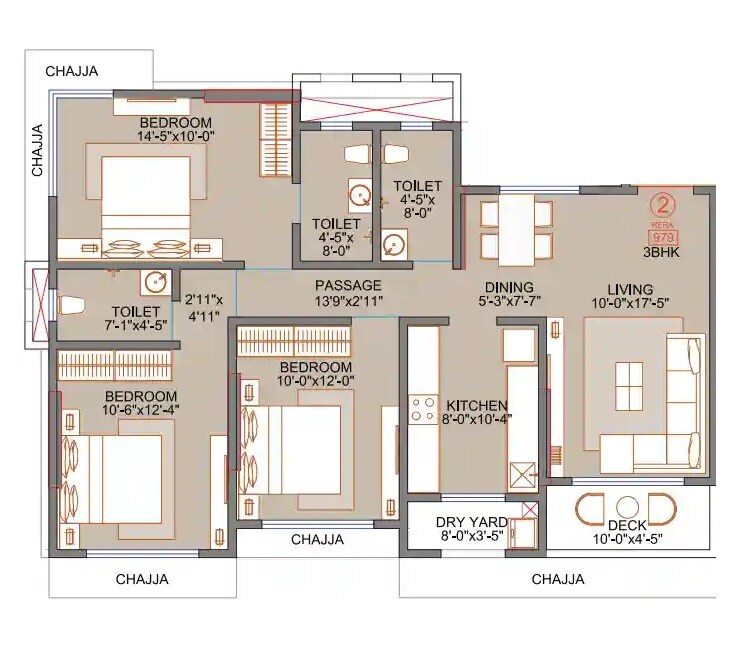Floor plan of 3 BHK 979 Sq. Ft. Apartment in SS Sunder Baug CHS, Mumbai