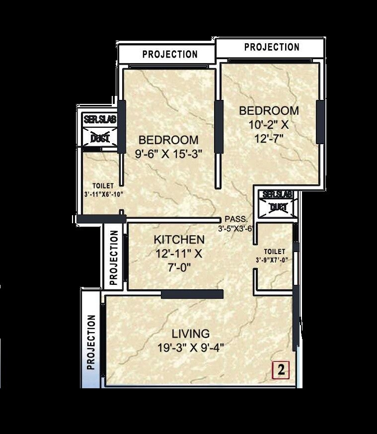 Floor plan of 2 BHK Apartment - 651 sq. ft. in Ssakash Shri Upendra Nagar CHSL, Mumbai