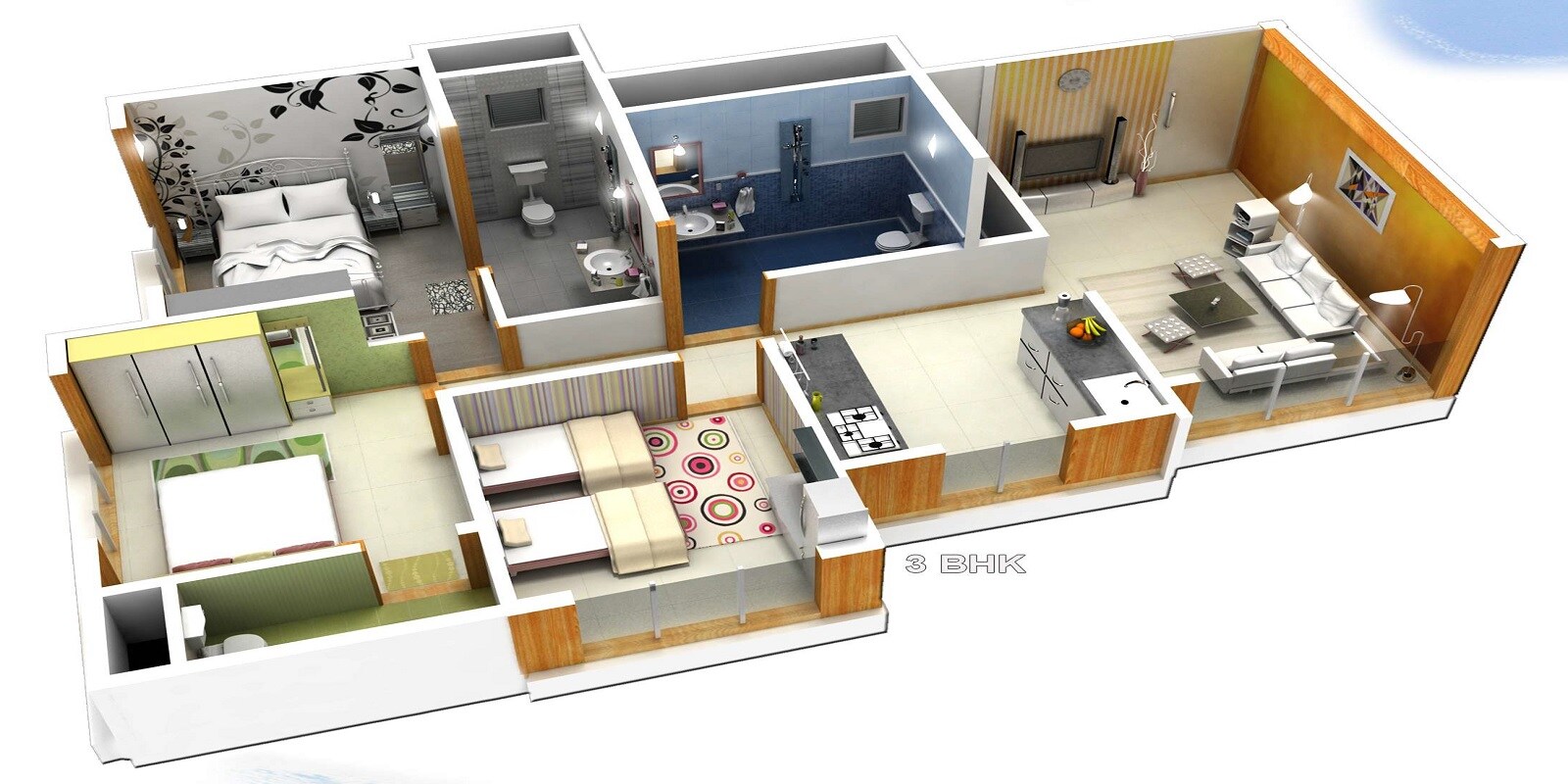Floor plan of 3 BHK Apartment - 750 sq. ft. in Ssakash Shri Upendra Nagar CHSL, Mumbai