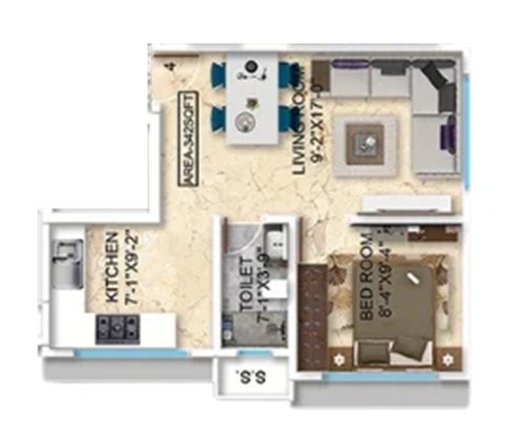 Floor plan of 1 BHK 342 Sq. Ft. Apartment in Stans Sarwarji Heights, Mumbai