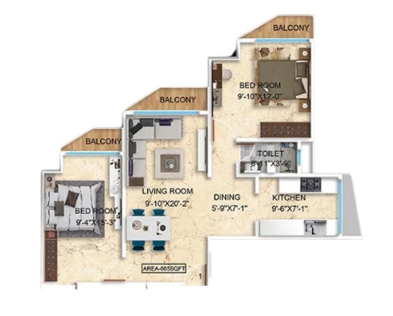 Floor plan of 2 BHK 664 Sq. Ft. Apartment in Stans Sarwarji Heights, Mumbai