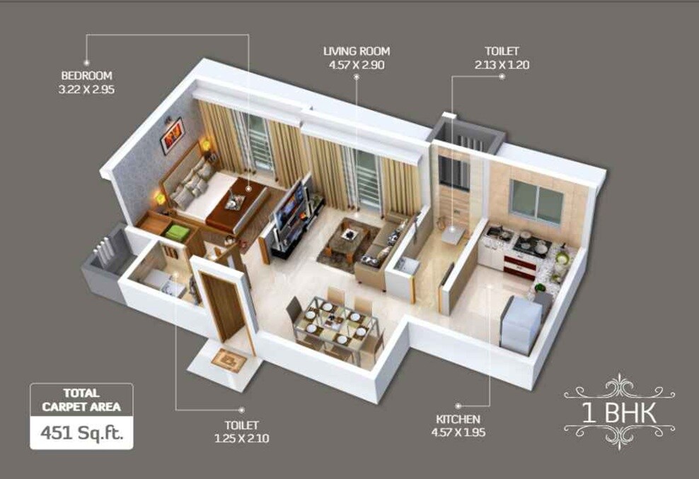 Floor plan of 1 BHK 449 Sq. Ft. Apartment in Stans Shaligram, Mumbai