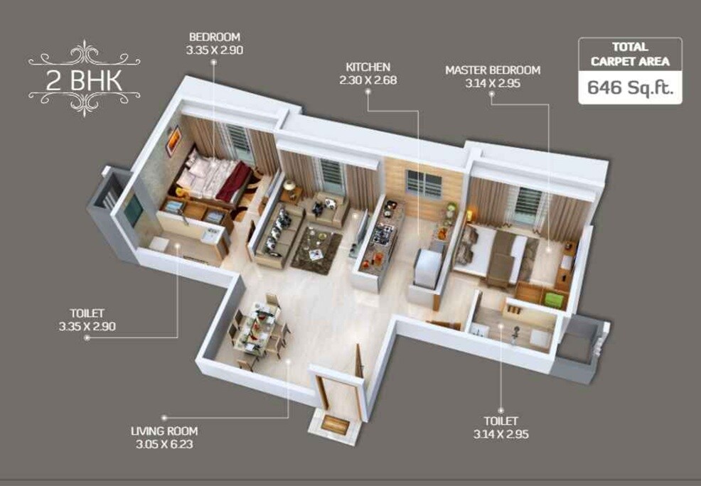 Floor plan of 2 BHK 646 Sq. Ft. Apartment in Stans Shaligram, Mumbai