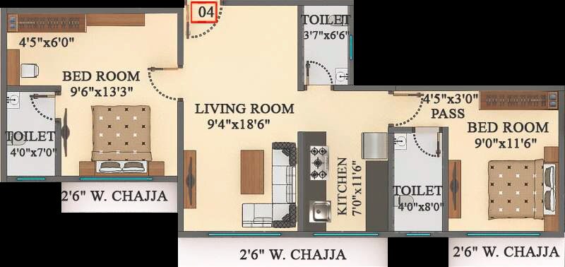 Floor plan of 2 BHK 541 Sq. Ft. Apartment in Star Sayba Residency, Mumbai