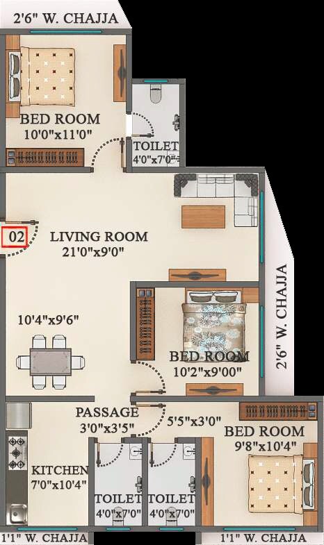 Floor plan of 3 BHK 818 Sq. Ft. Apartment in Star Sayba Residency, Mumbai