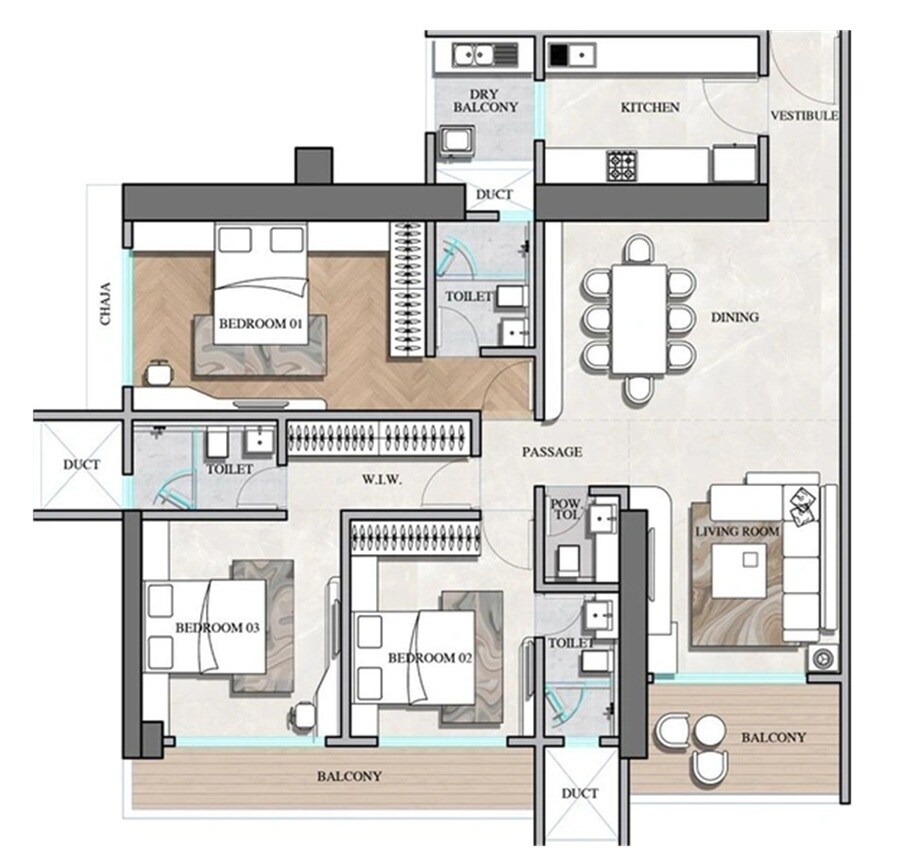 Floor plan of 3 BHK Apartment - 1398 sq. ft. in Starom Ekya, Mumbai