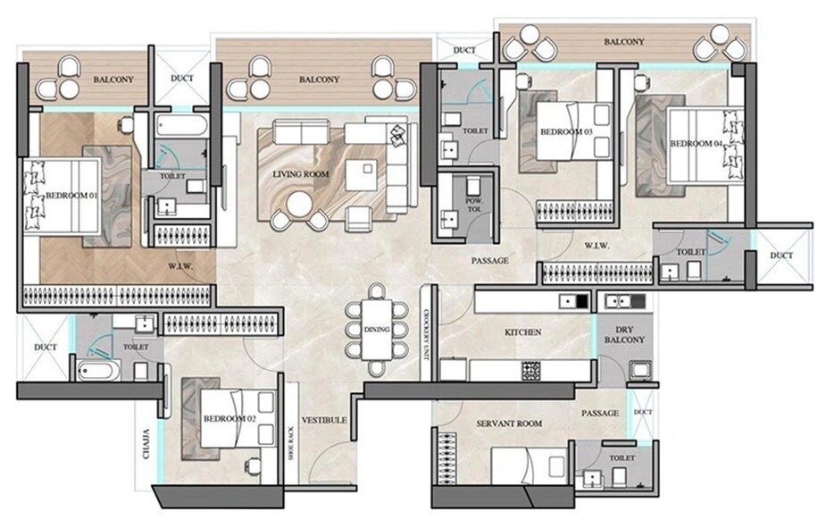 Floor plan of 4 BHK Apartment - 2055 sq. ft. in Starom Ekya, Mumbai