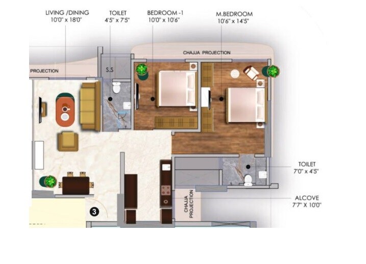 Floor plan of 2 BHK 705 Sq. Ft. Apartment in Starwing Stellar Heights, Mumbai