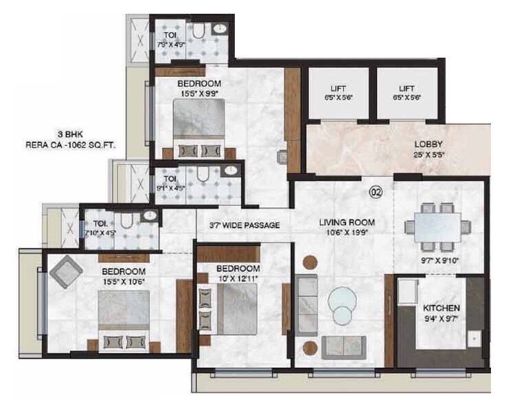 Floor plan of 3 BHK 1015 Sq. Ft. Apartment in Sudarsan Enclave Mumbai, Mumbai