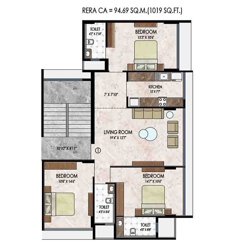 Floor plan of 3 BHK 1019 Sq. Ft. Apartment in Sudarsan Jai Ghanshyam Krupa, Mumbai