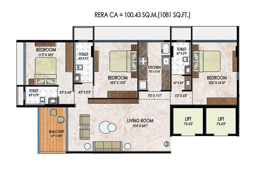 Floor plan of 3 BHK 1081 Sq. Ft. Apartment in Sudarsan Jai Ghanshyam Krupa, Mumbai