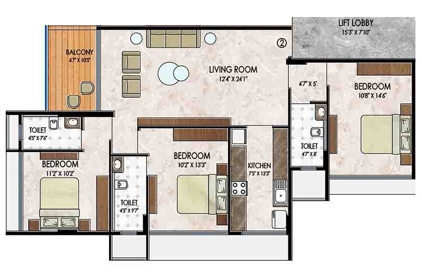 Floor plan of 3 BHK 962 Sq. Ft. Apartment in Sudarsan Jai Ghanshyam Krupa, Mumbai