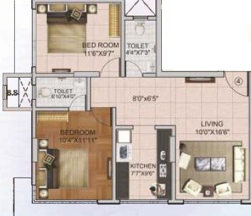 Floor plan of 2 BHK 608 Sq. Ft. Apartment in Sudhanshu Heights, Mumbai