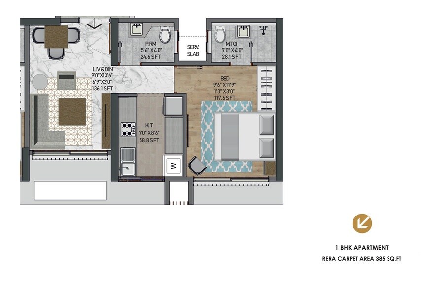 Floor plan of 1 BHK 385 Sq. Ft. Apartment in Sugee Atharva, Mumbai
