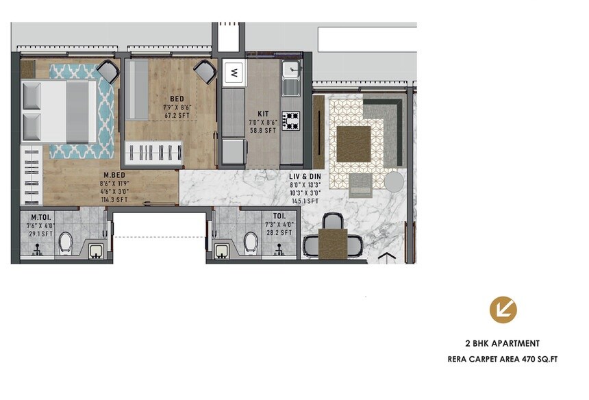 Floor plan of 2 BHK 470 Sq. Ft. Apartment in Sugee Atharva, Mumbai