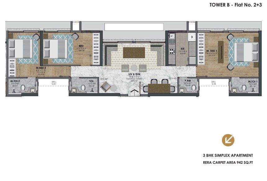 Floor plan of 3 BHK 942 Sq. Ft. Apartment in Sugee Atharva, Mumbai