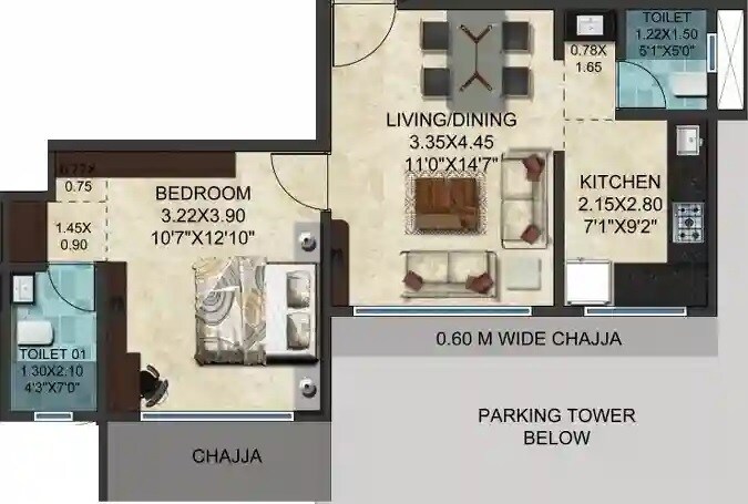 Floor plan of 1 BHK 467 Sq. Ft. Apartment in Sugee Ganesh Niwas, Mumbai