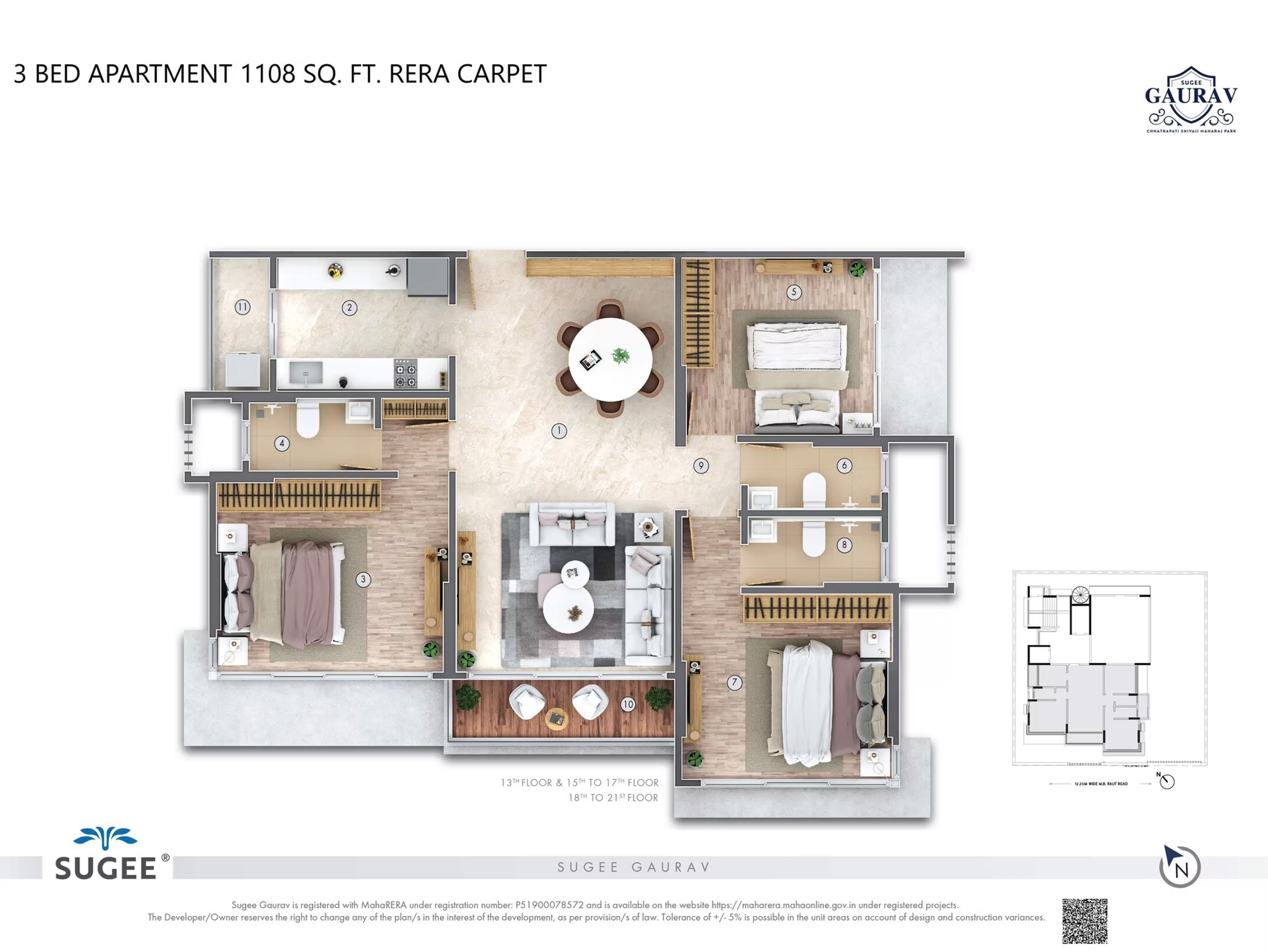 Floor plan of 3 BHK 1108 Sq. Ft. Apartment in Sugee Gaurav, Mumbai