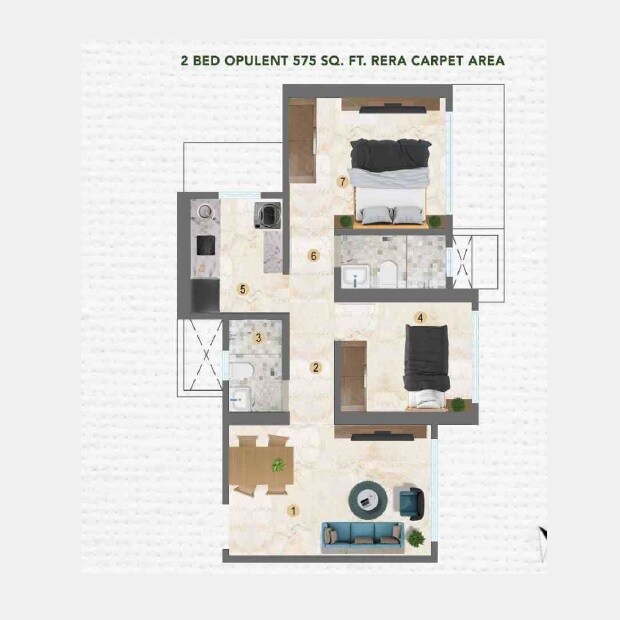 Floor plan of 2 BHK 575 Sq. Ft. Apartment in Sugee Greendale Estates, Mumbai