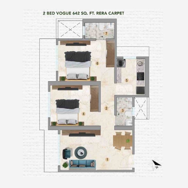 Floor plan of 2 BHK 642 Sq. Ft. Apartment in Sugee Greendale Estates, Mumbai