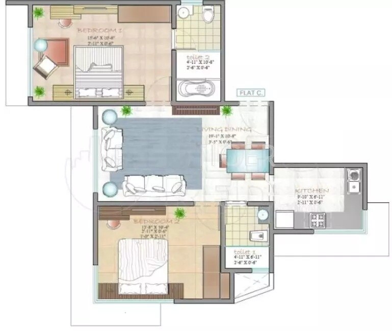 Floor plan of 2 BHK 673 Sq. Ft. Apartment in Sugee Hiranya, Mumbai