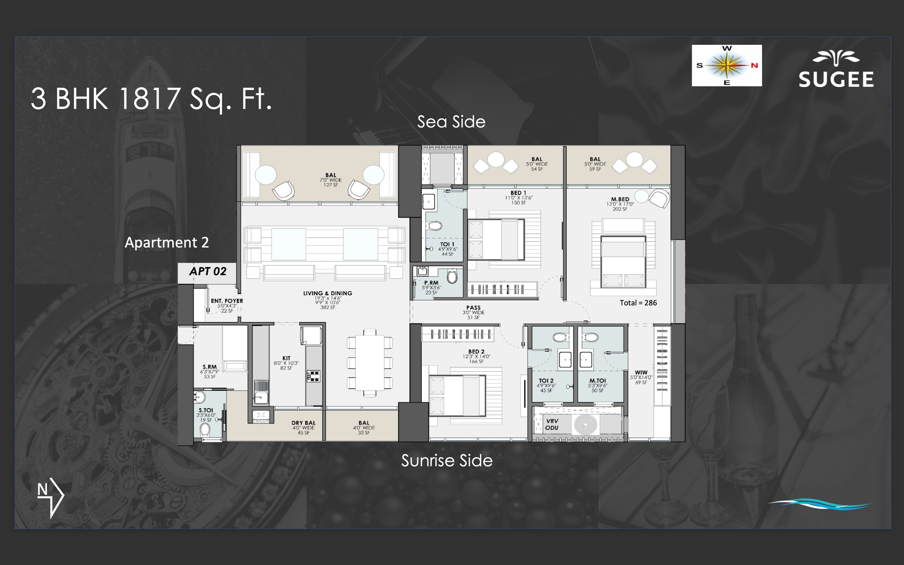 Floor plan of 3 BHK 1817 Sq. Ft. Apartment in Sugee Marina Bay, Mumbai