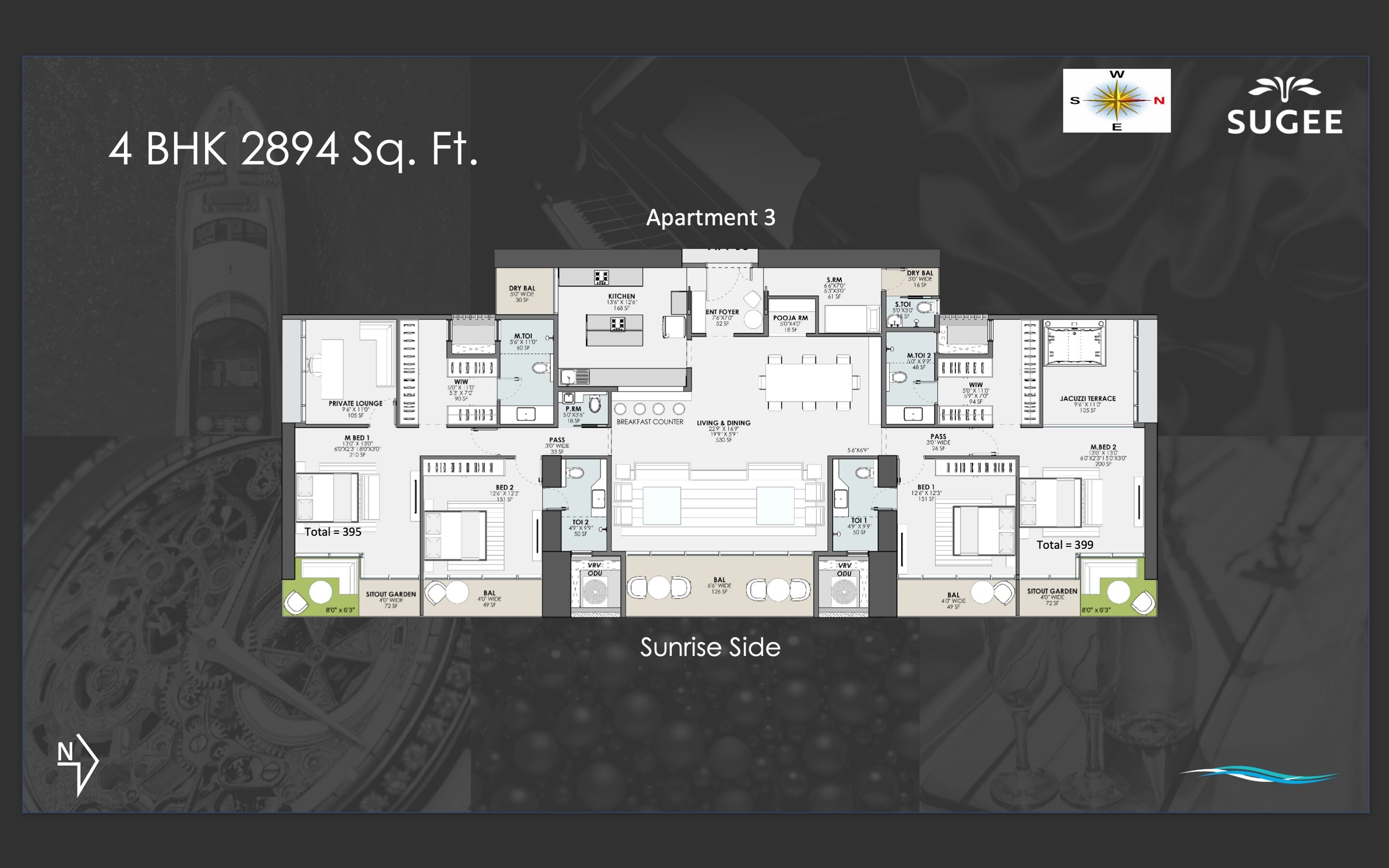 Floor plan of 4 BHK 2894 Sq. Ft. Apartment in Sugee Marina Bay, Mumbai