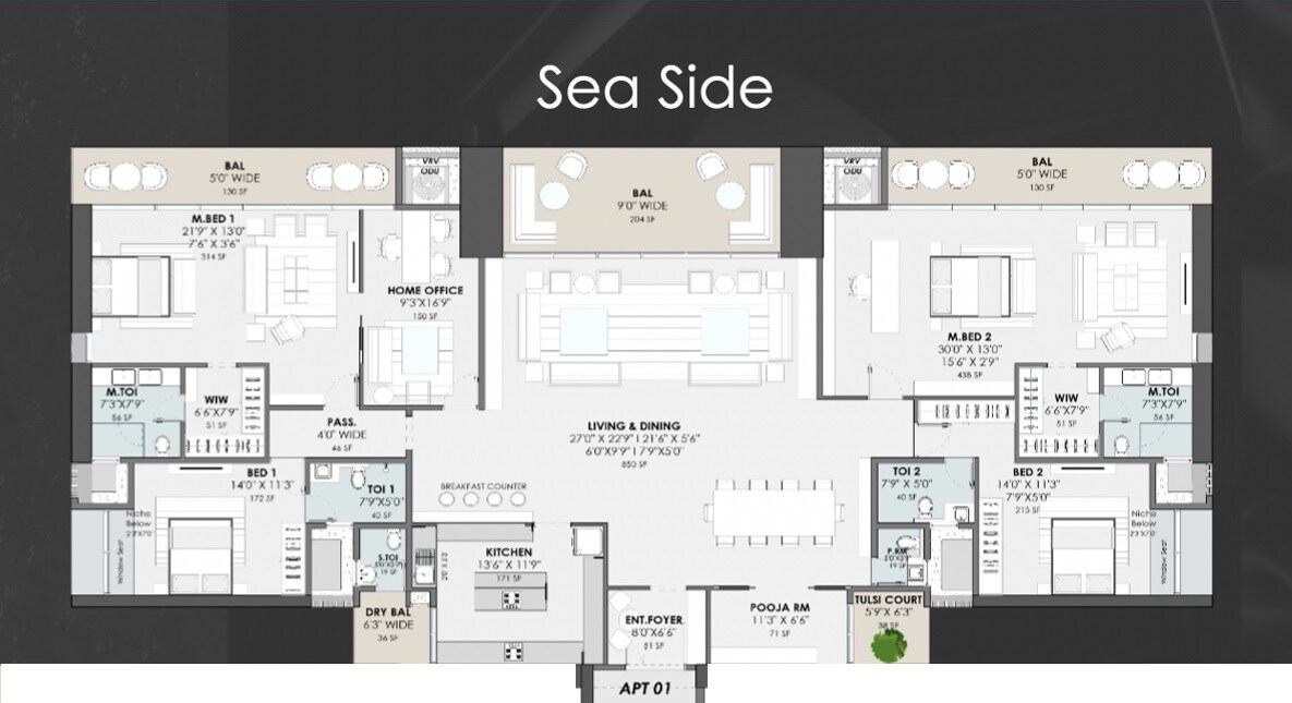 Floor plan of 4 BHK 3692 Sq. Ft. Apartment in Sugee Marina Bay, Mumbai