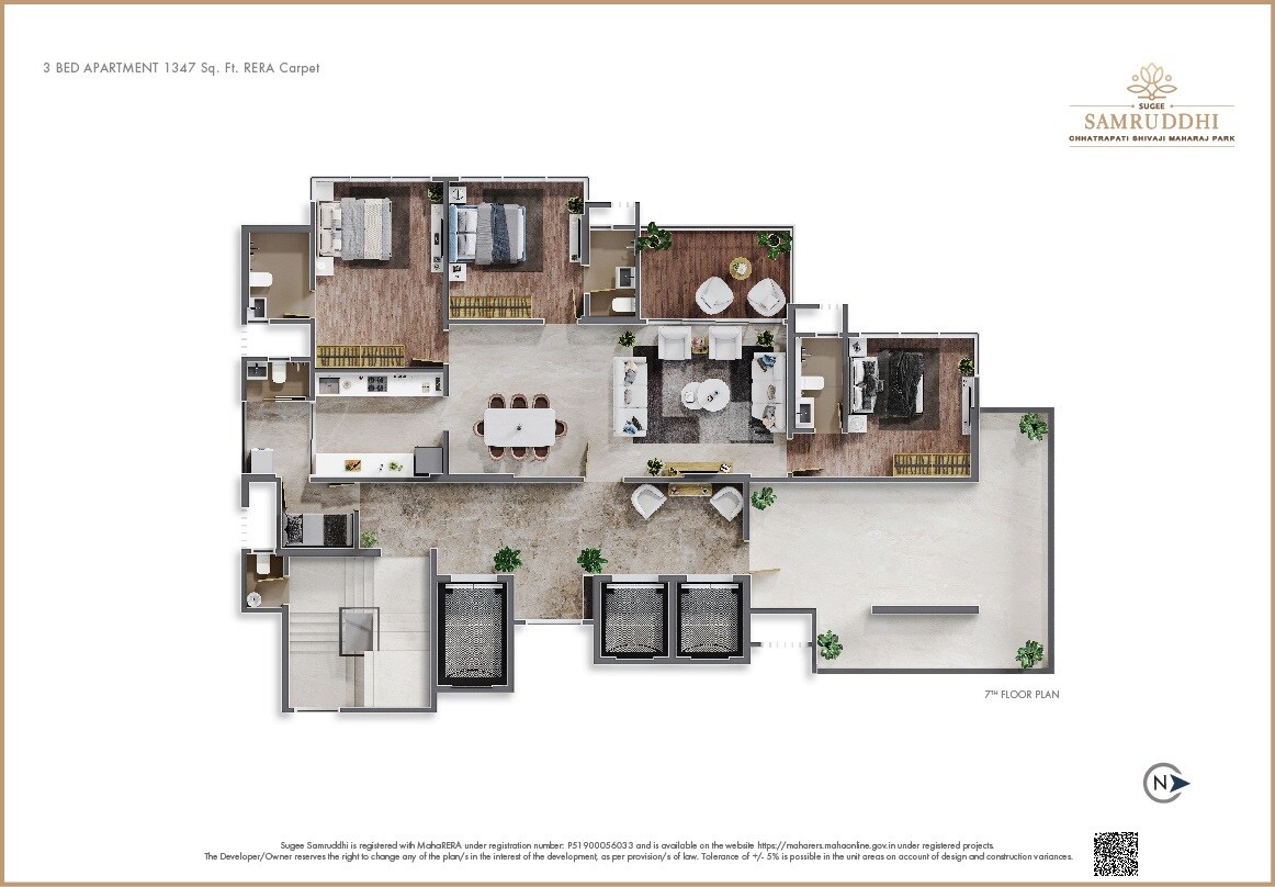 Floor plan of 3 BHK Apartment - 1347 sq. ft. in Sugee Samruddhi, Mumbai