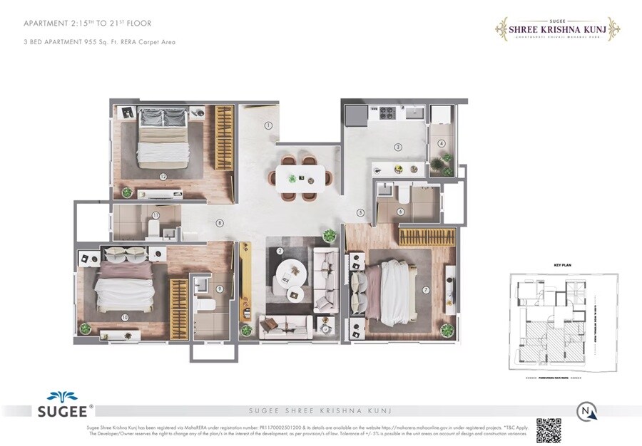 3 BHK 955 Sq. Ft. Apartment