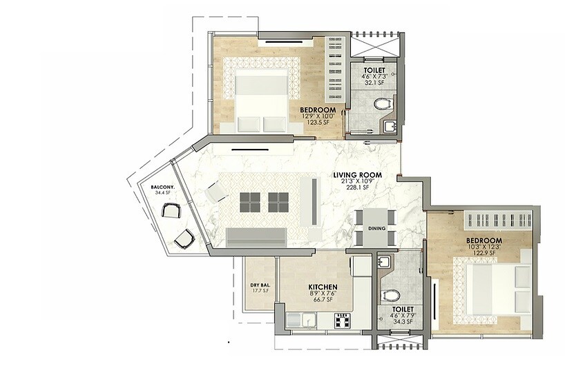 Floor plan of 2 BHK 695 Sq. Ft. Apartment in Sugee Shubhada, Mumbai