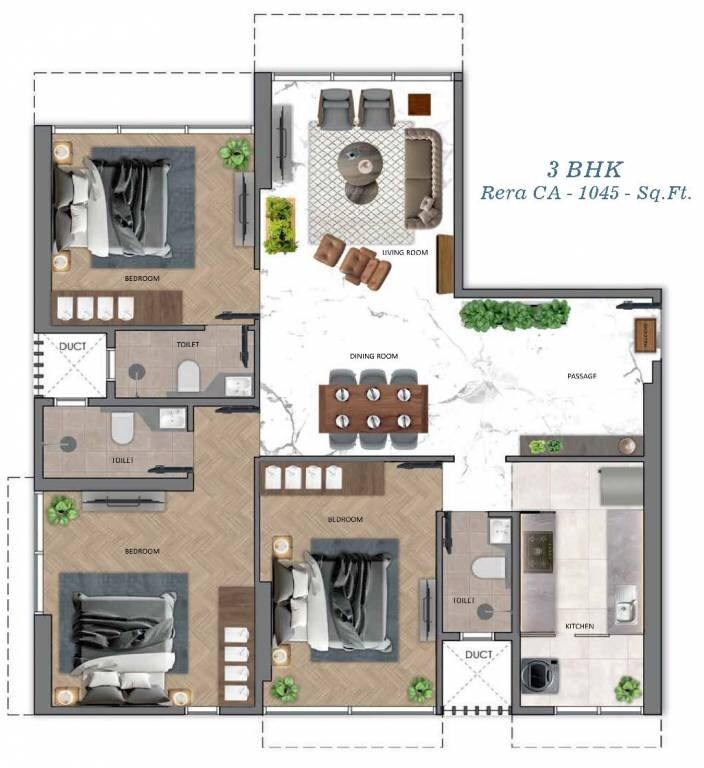 Floor plan of 3 BHK 1045 Sq. Ft. Apartment in Sugee Akanksha, Mumbai