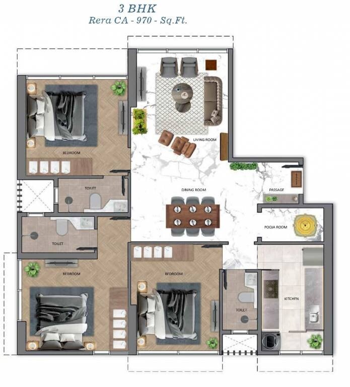 Floor plan of 3 BHK 970 Sq. Ft. Apartment in Sugee Akanksha, Mumbai