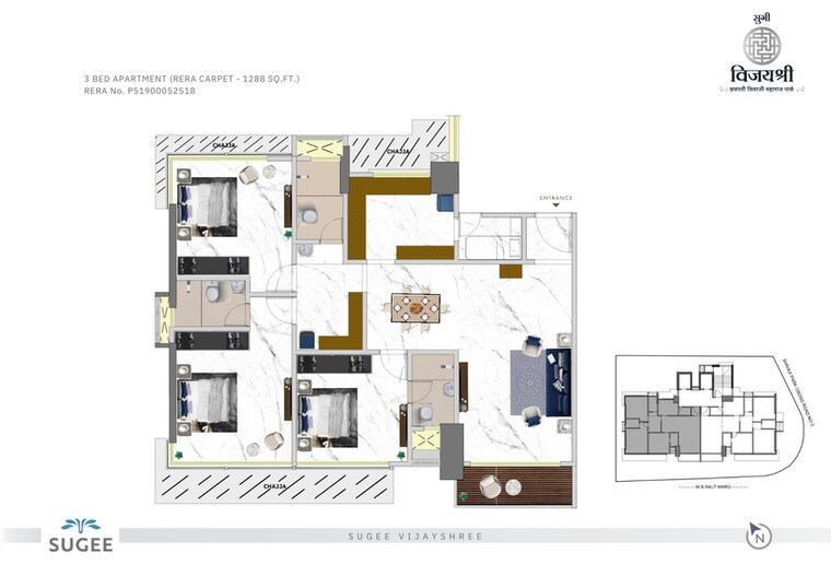 Floor plan of 3 BHK 1288 Sq. Ft. Apartment in Sugee Vijayshree, Mumbai