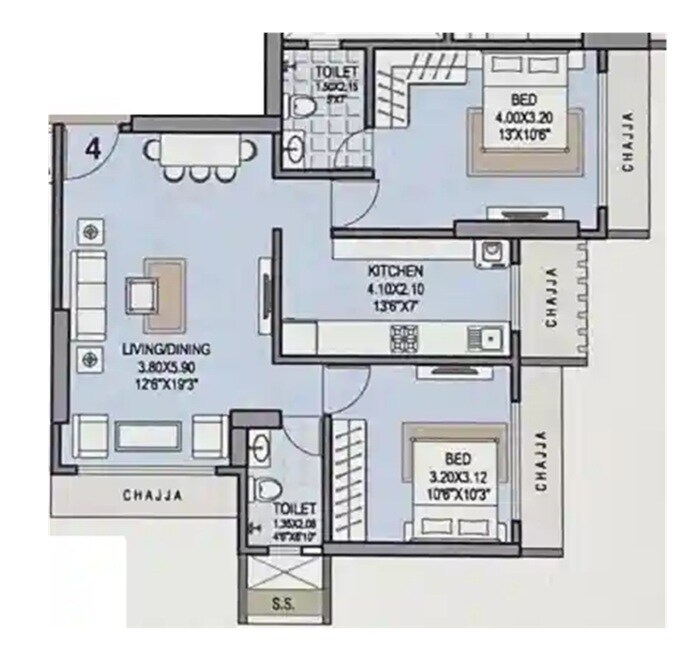 Floor plan of 2 BHK 743 Sq. Ft. Apartment in Sujanya Rachanaa, Mumbai