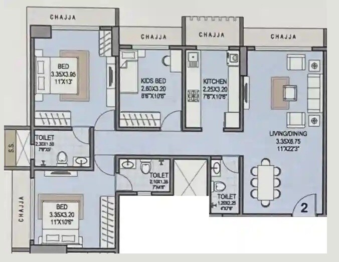 Floor plan of 3 BHK 1092 Sq. Ft. Apartment in Sujanya Rachanaa, Mumbai