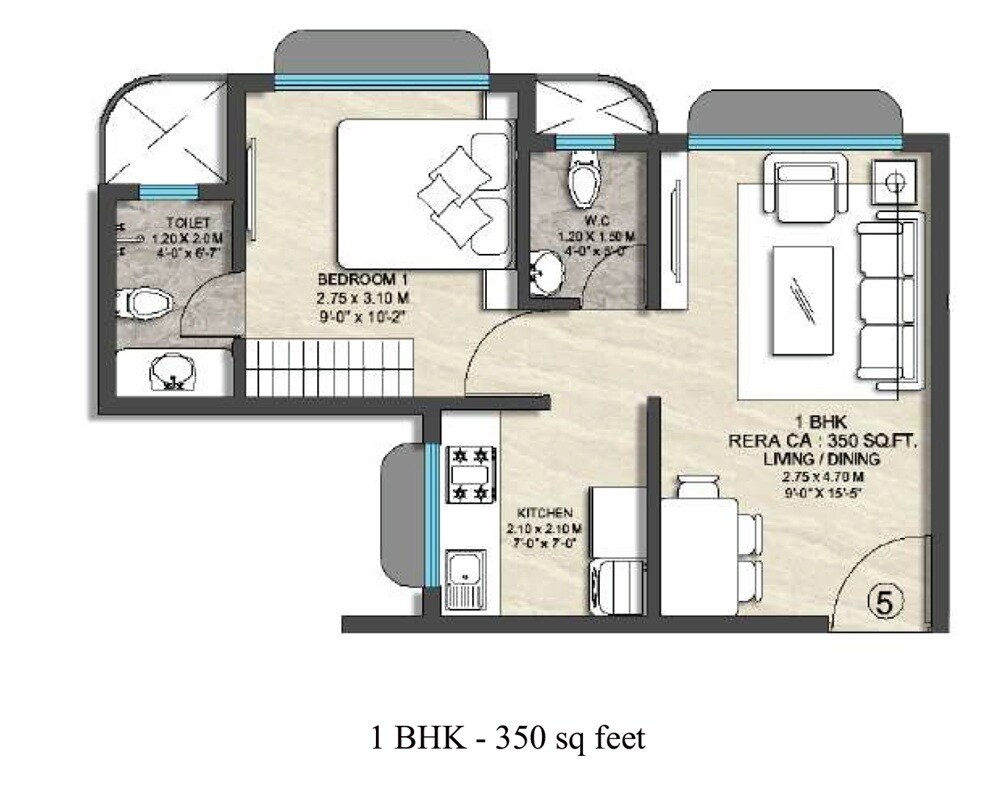 1 BHK 350 Sq. Ft. Apartment