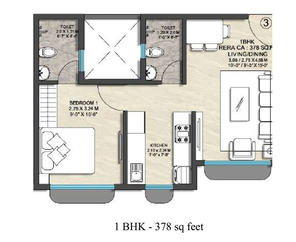 1 BHK 378 Sq. Ft. Apartment